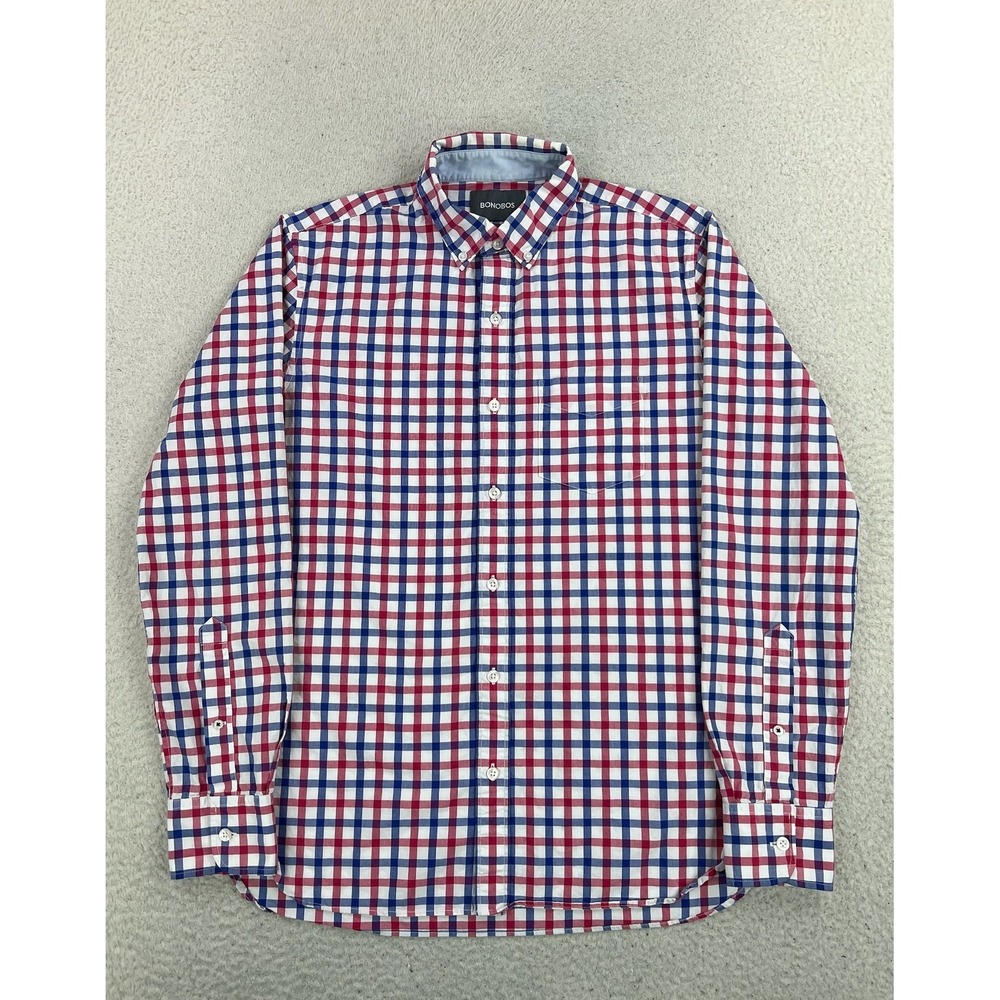 Bonobos Shirt Mens Small Red Blue Check Slim Fit Long Sleeve Button Up Casual